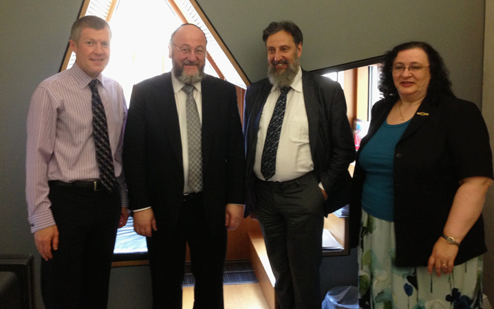 The Chief Rabbi with Willie Rennie MSP, Ephraim Borowski, and Nicola Livingston