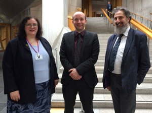 Minister for Local Government & Community Empowerment Marco Biagi with SCoJeC Director Ephraim Borowski, and Public Affairs Officer Nicola Livingston